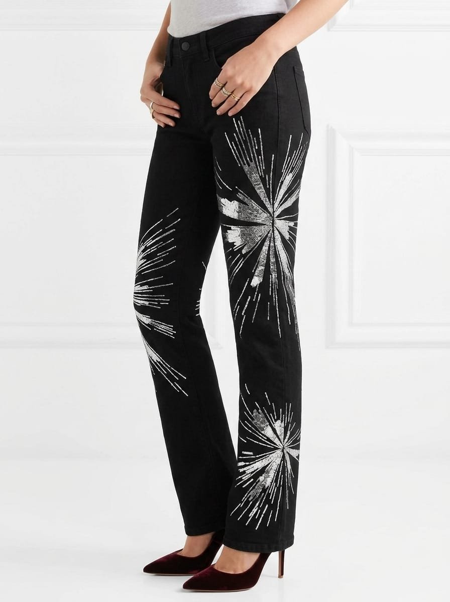 Foil transfer metallic print denim pants manufacturer Pakistan wholesale