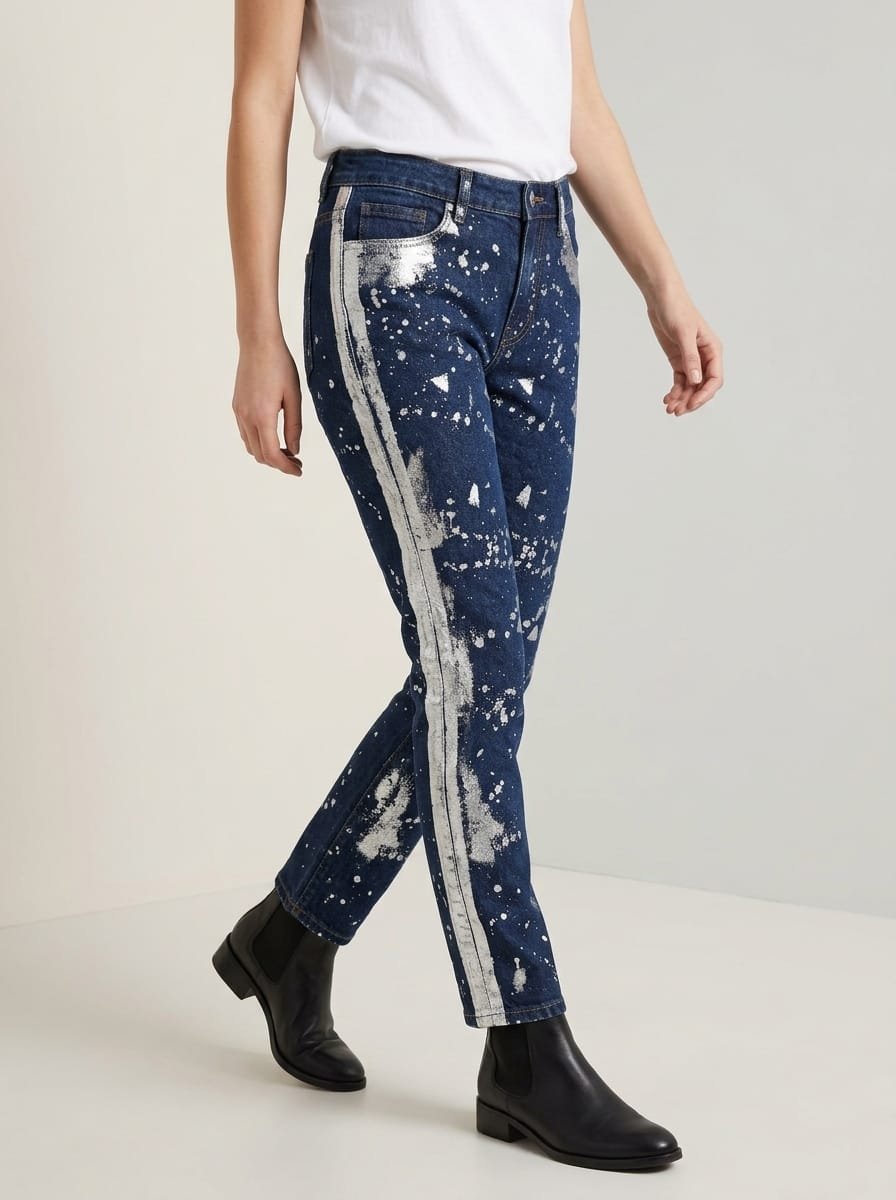 Metallic foil denim pant, manufactured finished garment