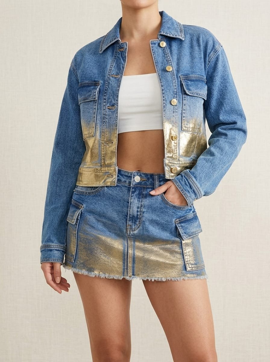 Metallic foil denim jacket, manufactured finished garment with button front and collar