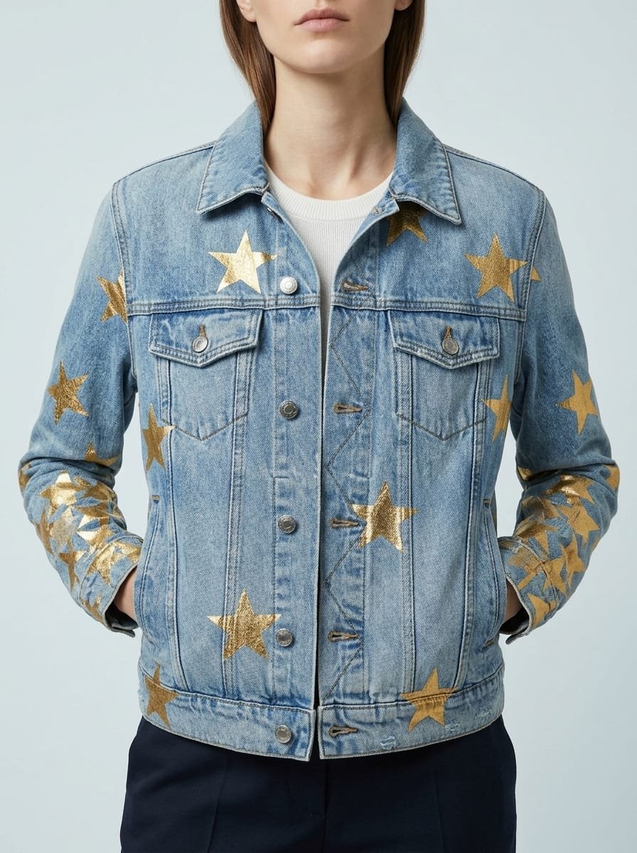 Metallic foil denim jacket, manufactured finished garment with button front and collar