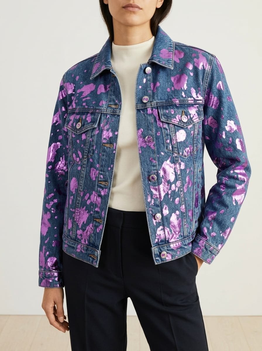 Foil transfer metallic denim jacket manufacturer Pakistan wholesale