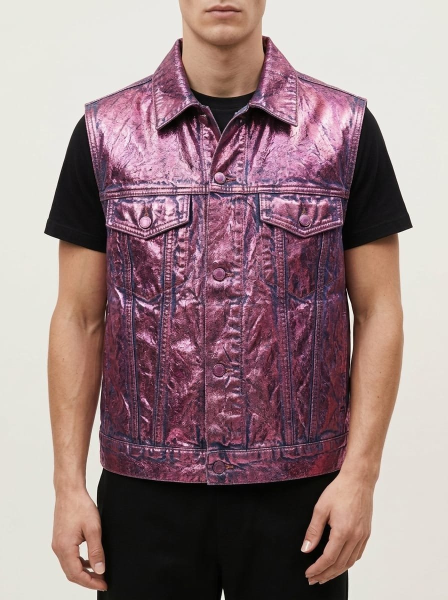 Metallic foil denim jacket, manufactured finished garment with button front and collar