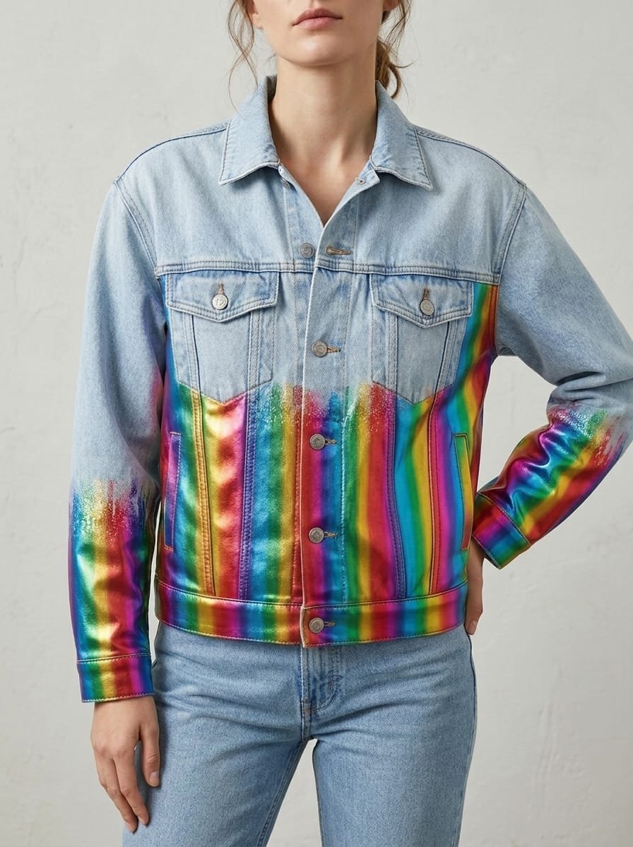 Metallic foil denim jacket, manufactured finished garment with button front and collar
