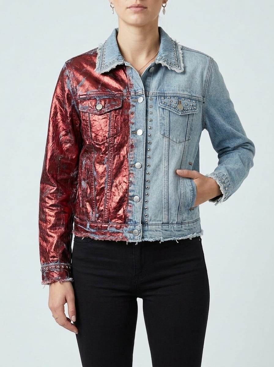 Metallic foil denim jacket, manufactured finished garment with button front and collar