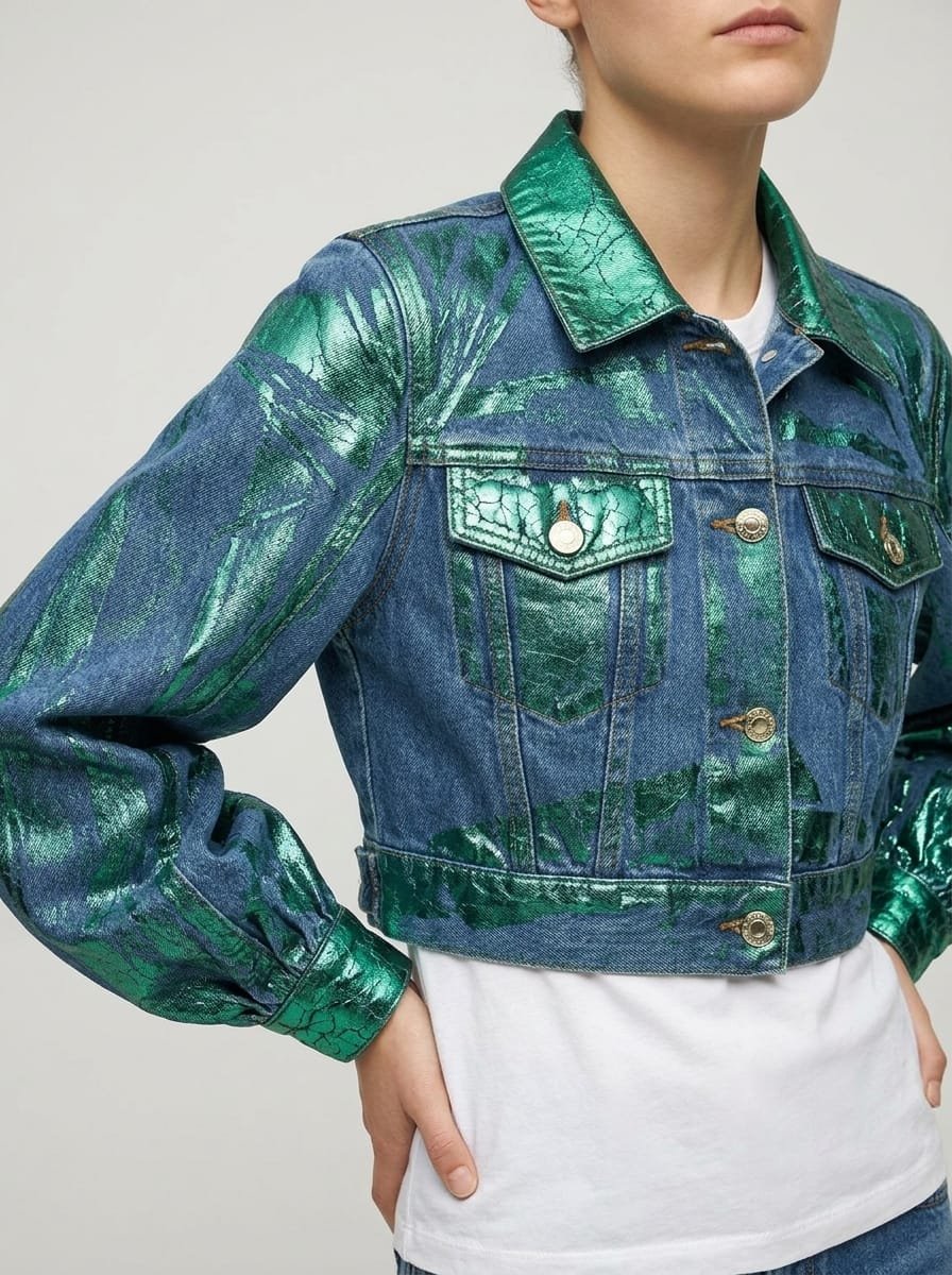 Metallic foil denim jacket, manufactured finished garment with button front and collar
