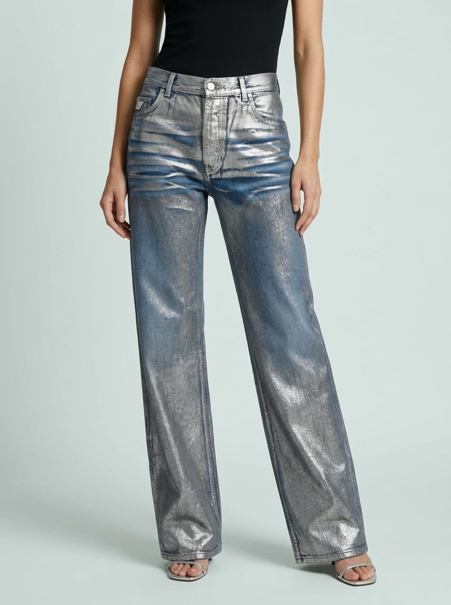 Metallic foil denim pant, manufactured finished garment