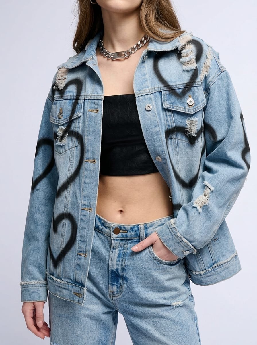Metallic foil denim jacket, fully customizable design with low MOQ, manufactured finished garment