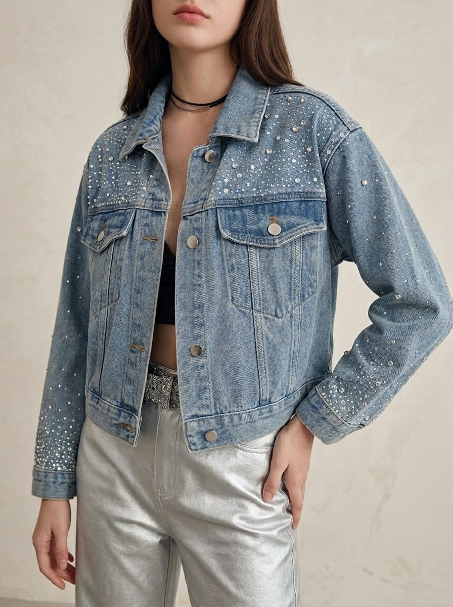 Metallic foil denim jacket, fully customizable design with low MOQ, manufactured finished garment