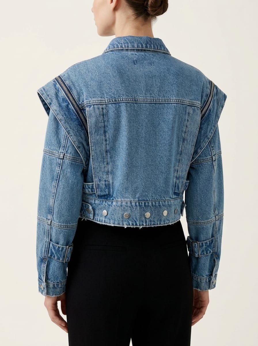 Metallic foil denim jacket, fully customizable design with low MOQ, manufactured finished garment