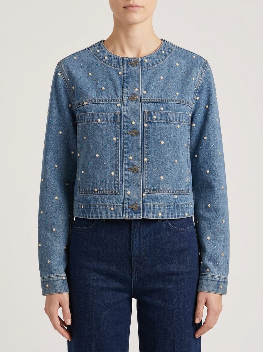 Metallic foil denim jacket, fully customizable design with low MOQ, manufactured finished garment