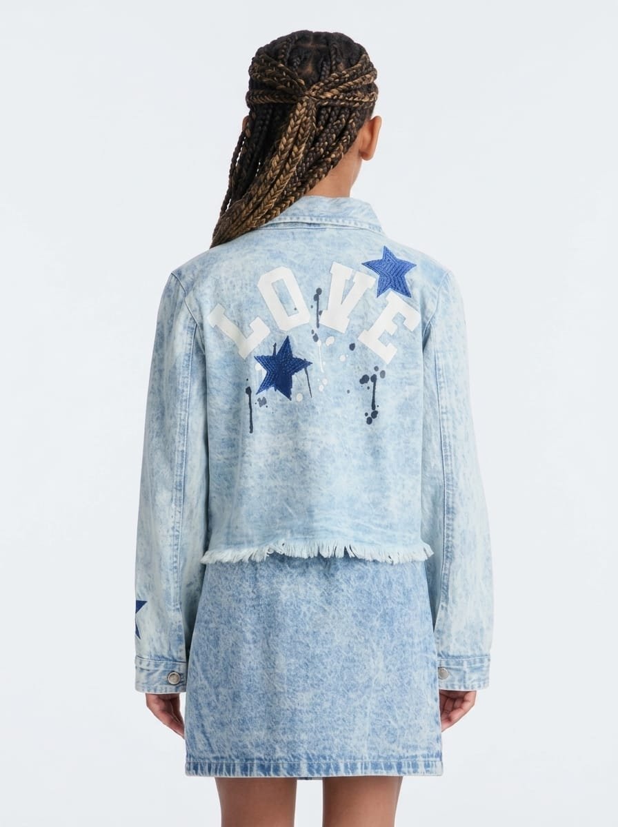 Metallic foil denim jacket, fully customizable design with low MOQ, manufactured finished garment