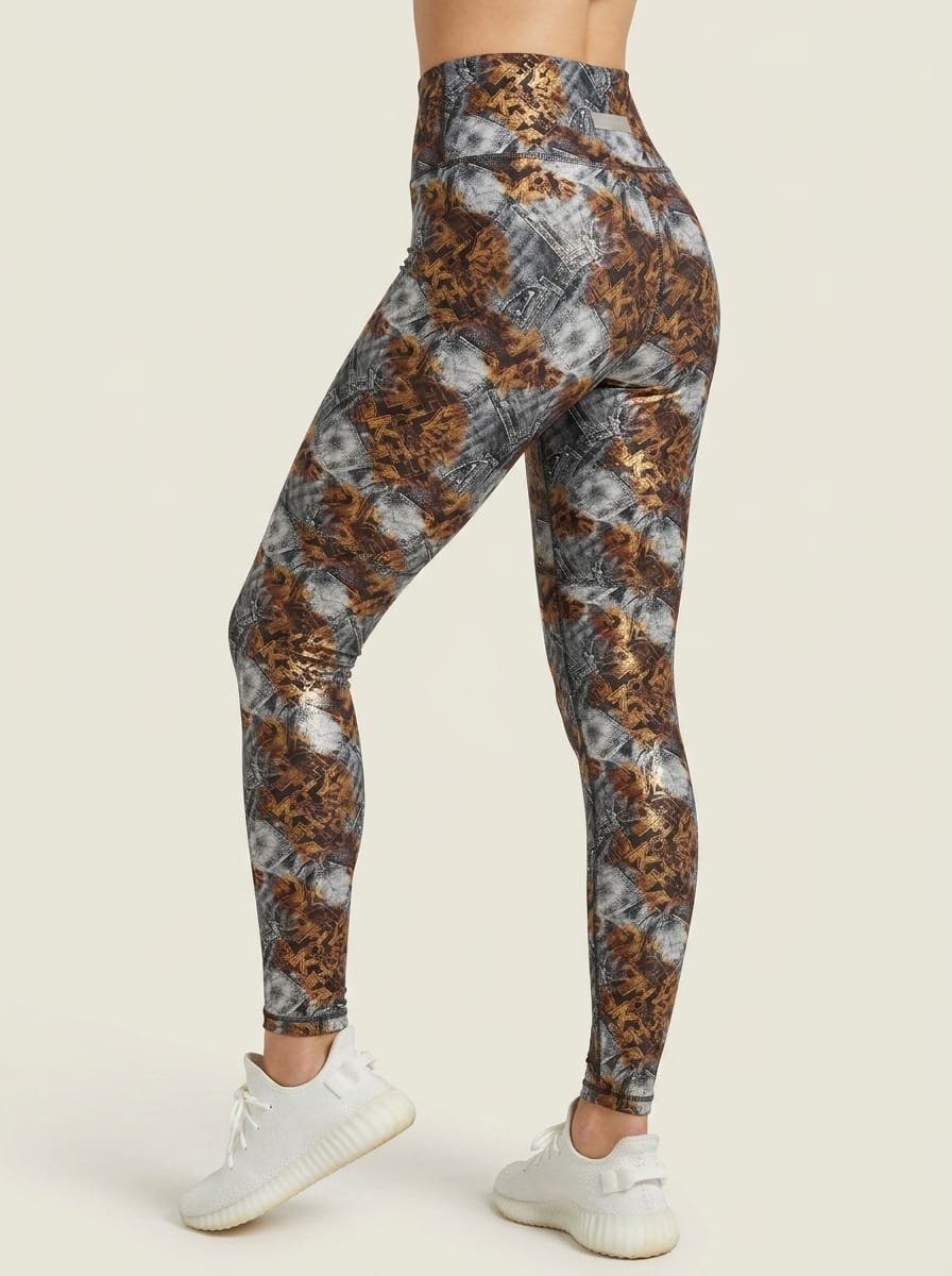 High waisted gray and gold foil leggings with abstract kaleidoscope print – back view women's activewear