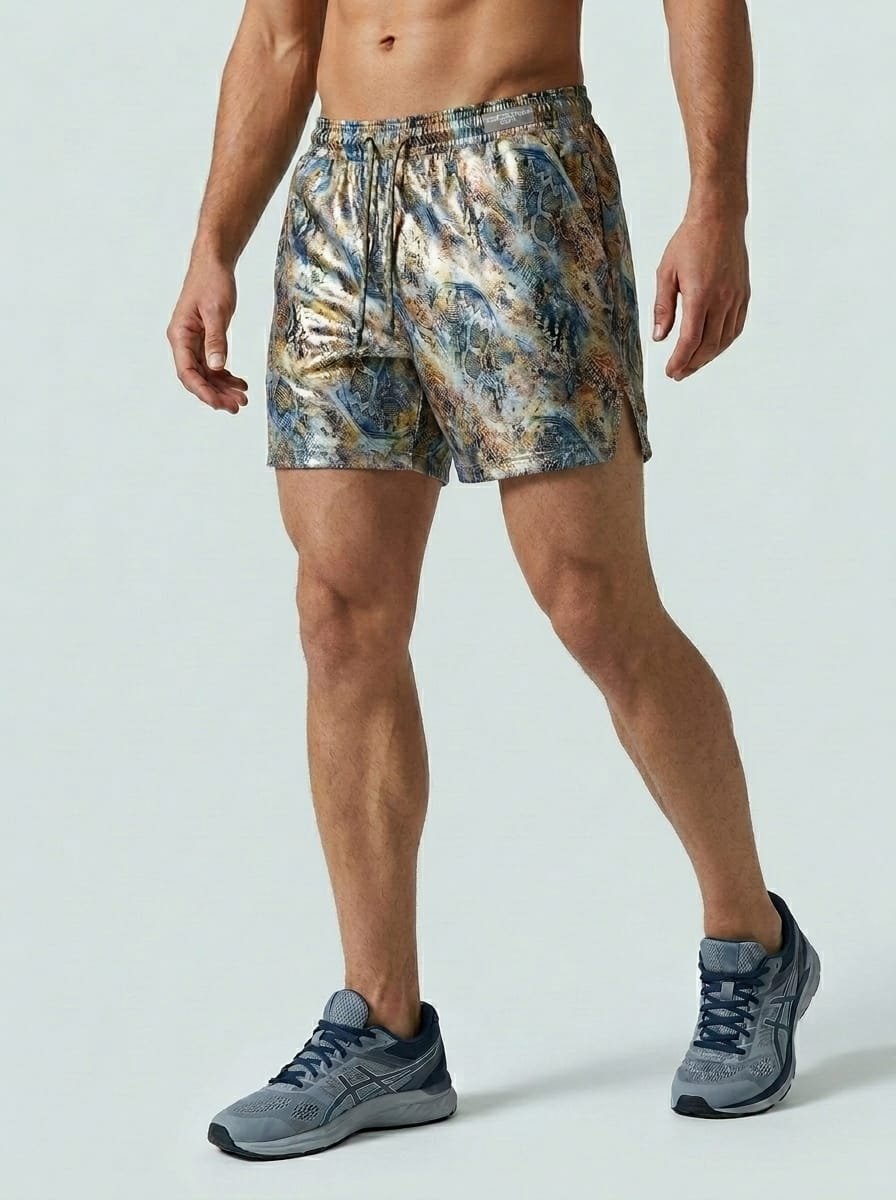 Men's foil printed athletic shorts in gold, blue and silver snakeskin pattern with elastic waistband