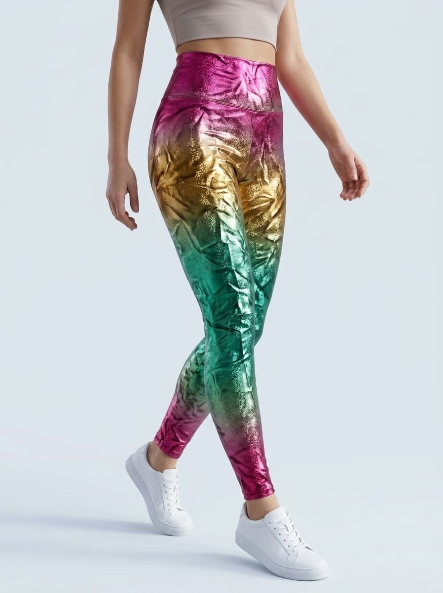 High waisted ombre foil leggings in pink, gold and green metallic gradient – women's activewear