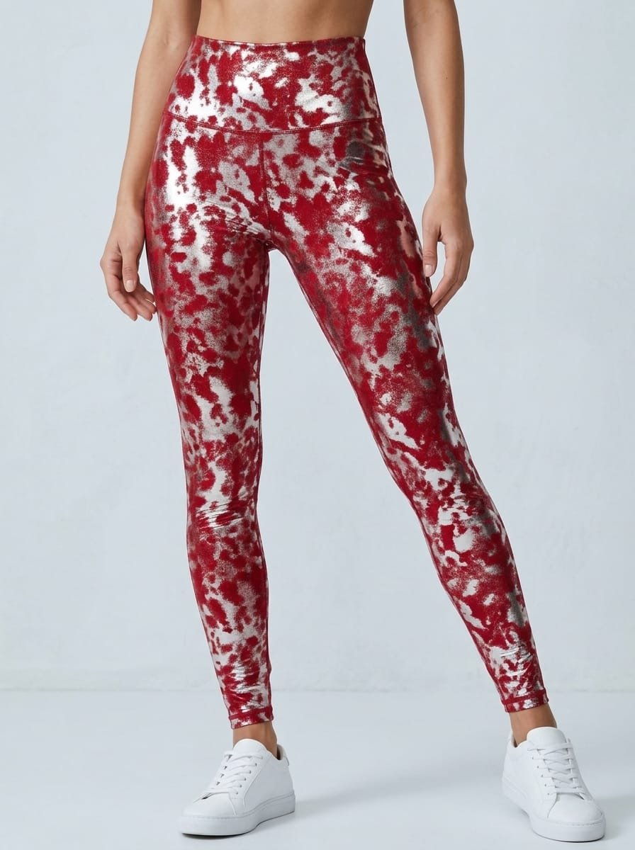 High waisted red and silver foil leggings with metallic tie-dye print – women's activewear