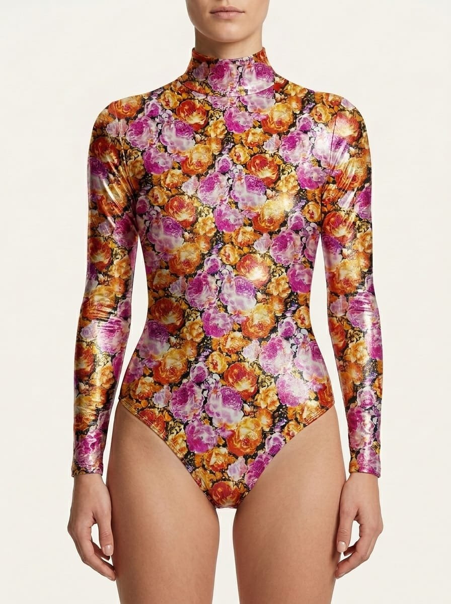 Metallic foil floral print bodysuit with high neck and long sleeves – pink, orange, and gold rose pattern leotard